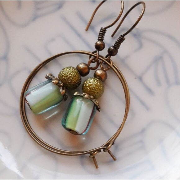 Artisan earrings  514# bohemian Czech cane red green white petite earrings 2Pair - Picture 2 of 4